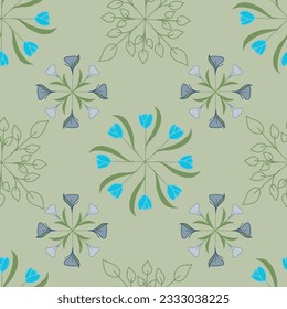 Wheels of leaves, blue tulips and purple lilies geometrically placed on a green background creating this seamless pattern design.