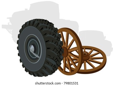 The wheels of the old and new vehicles on the background of the contours of cars.