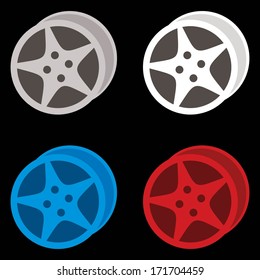 wheels on black background, gray, white, blue and red color