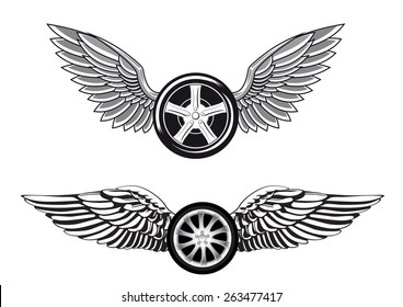 Wheels with outstretched wings isolated on white background for tattoo or racing club emblem design