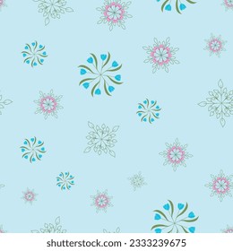 Wheels of pink peonies, blue tulips, and green line art leaves are scattered across a blue background to create this seamless pattern design.