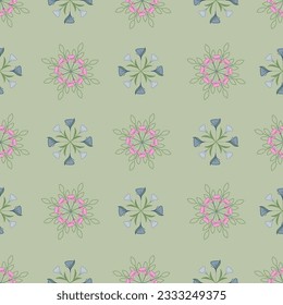Wheels of purple lilies and pink peonies are featured in this geometric design on a green background creating a seamless repeat pattern design.