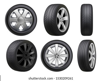 Wheels realistic. Tyres road maintenance vector automobile 3d automobile items collection