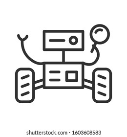 Wheels robot with magnifier, linear icon. Editable stroke