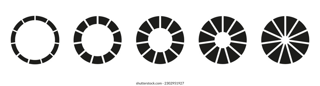 Wheels round divided in eleven sections. Diagrams infographic set. Circle section graph. Pie chart icons. Donut charts or pies segmented on 11 equal parts. Geometric element. Vector illustration.