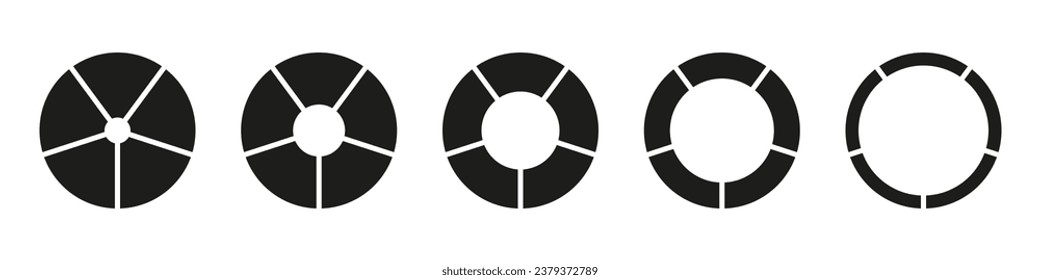 Wheels round divided in five sections. Diagrams infographic set. Circle section graphs. Pie chart icon. Donut charts or pies segmented on 5 equal parts. Geometric elements. Vector simple illustration.