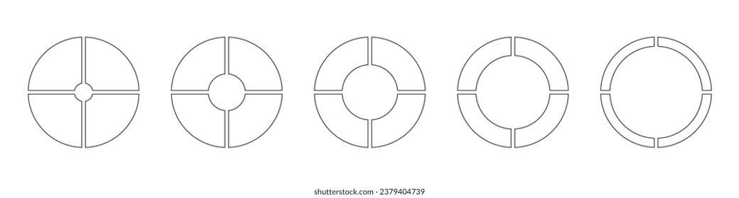 Wheels round divided in four sections. Diagrams infographic set. Circle section graph. Line art. Outline donut charts, pies segmented on 4 equal parts. Pie chart icon. Geometric vector simple element.