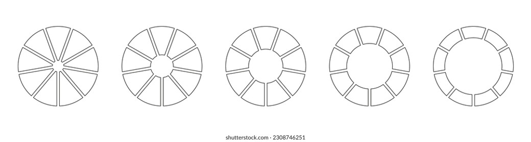 Wheels round divided in nine sections. Outline donut charts or pies segmented on 9 equal parts. Diagrams infographic set. Circle section graph line art. Pie chart icons. Geometric vector elements.