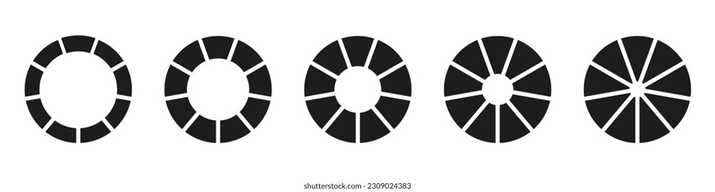 Wheels round divided in nine sections. Diagrams infographic set.  Pie chart icons. Donut charts or pies segmented on 9 equal parts.  Vector illustration. Circle section graph. Geometric elements.