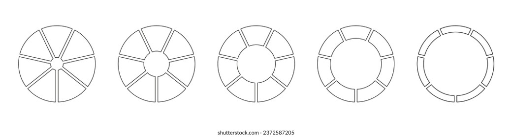 Wheels round divided in seven sections. Outline donut charts or pies segmented on 7 equal parts. Diagrams infographic set. Circle section graph line art. Pie chart icons. Geometric element. Vector.