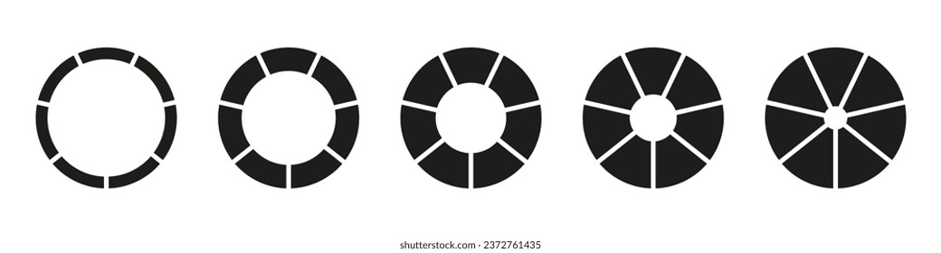 Wheels round divided in seven sections. Donut charts or pies segmented on 7 equal parts. Diagrams infographic set. Circle section graph. Pie chart icons. Vector illustration. Geometric elements.