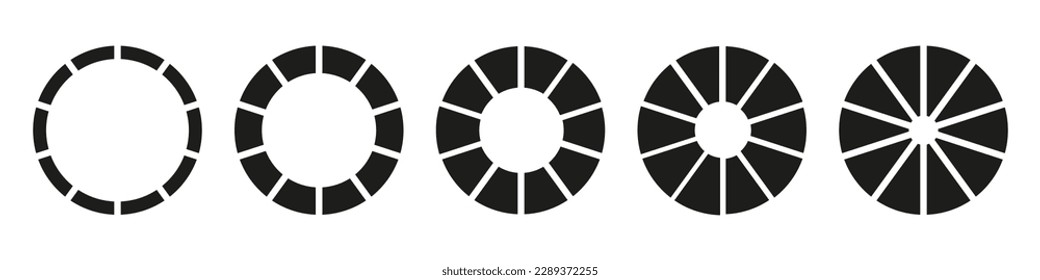 Wheels round divided in ten sections. Diagrams infographic set. Circle section graph. Pie chart icons. Donut charts or pies segmented on 10 equal parts. Geometric elements. Vector simple illustration.