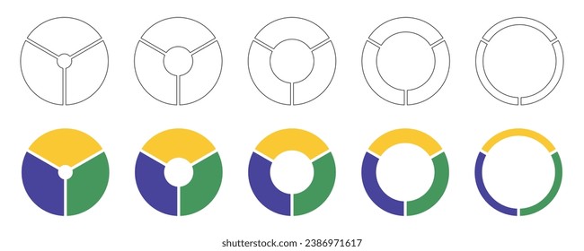 Wheels round divided, three sections. Diagrams infographic set. Circle section graph art. Pie chart icons. Donut multicolored charts, pies segmented on 3 equal parts. Geometric vector simple elements.