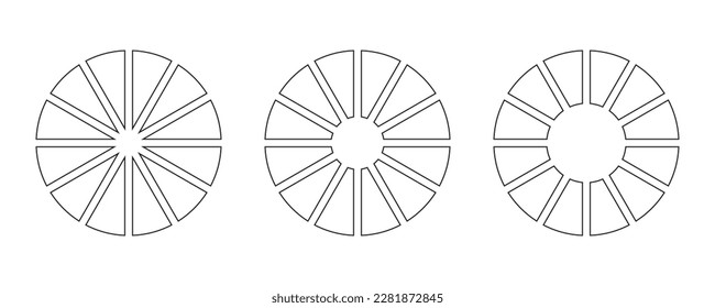 Ruedas redondeadas divididas en doce secciones. Esquema de gráficos o pasteles segmentados en 12 partes iguales. Conjunto de infografías de diagramas. Dibujo de línea de gráfico de sección circular. Icono de gráfico circular. Elementos geométricos.