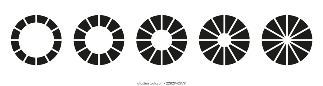 Ruedas redondeadas divididas en doce secciones. Conjunto de infografías de diagramas. Gráfico de sección circular. Iconos de gráfico circular. Gráficos de donut o pasteles segmentados en 12 partes iguales. Elemento geométrico. Ilustración vectorial.