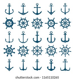 Wheels ship anchors icon. Steering wheels boat and ship anchors marine and navy symbols. Vector silhouettes for logo designs or tattoo. Anchor and wheel for ship or boat, navy travel illustration