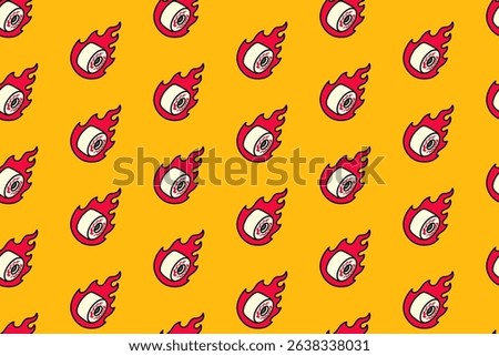 wheels skateboard with fire colorful pattern on yellow background. wheels skating with flame burning doodle seamless pattern background for skateboard sport and skate parts shop merchandise