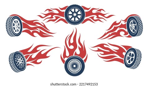 Wheels speeding flame. Flaming hot speed wheel tires, burned car rubber, dynamic motion wheeled tire for racing bike and vehicle stickers, fast moving race symbols with fire