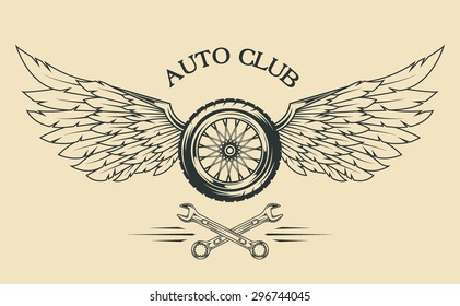 Wheels spoked, feathers, wings vintage emblem in the classical style.