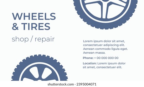 Wheels and tires. Auto parts. Tire service. Vehicle parts. Сar spare for car repair and service. Electrical, engine, auto body parts. Headlights. Brake. Colorful flat vector illustration. Isolated