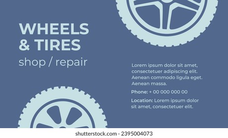 Wheels and tires. Auto parts. Tire service. Vehicle parts. Сar spare for car repair and service. Electrical, engine, auto body parts. Headlights. Brake. Colorful flat vector illustration. Isolated