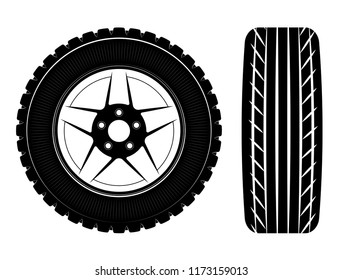 Wheels and tires are black. For a logo or emblem of a tire store or car workshop. For tire fitting