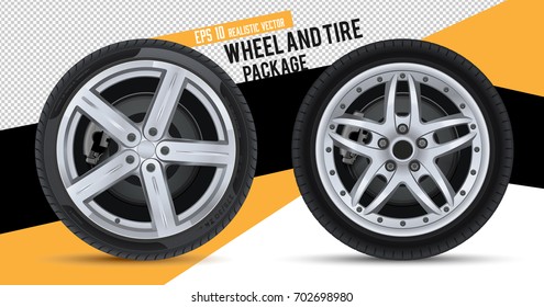 Wheels and tires package. Realistic vector. A set of winter and summer car tires. Car wheel with alloy rims.  Wheel parts. Tire service. Set of two tires. New car wheels for cars and trucks.