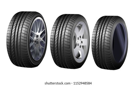 Wheels and tires vector set isolated on white for transport or service design