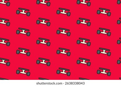 rodas e caminhões skate padrão colorido no fundo vermelho. skate com rodas e caminhões rabiscar fundo padrão sem costura para skate esporte e skate peças loja mercadoria
