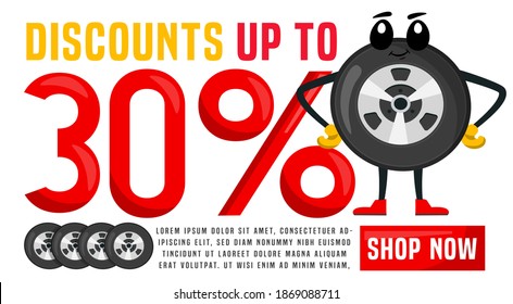 Wheels and tyre fitting service ad. Tire character image. Transportation, tire repair, used tires horizontal banner. Editable vector illustration in flat cartoon style isolated on white background