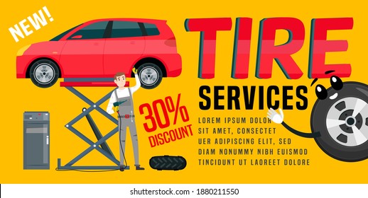 Wheels and tyre fitting service ad. Mechanic character image. Transportation, tire repair, used tires vertical banner. Editable vector illustration in flat cartoon style. Horizontal background