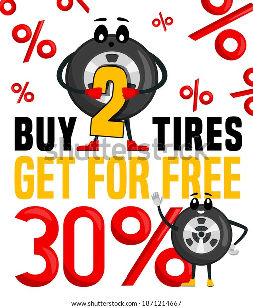 Wheels and tyre fitting service ad. Tire\
character image. Transportation, tire repair, used tires vertical\
banner. Editable vector illustration in flat cartoon style isolated\
on white background
