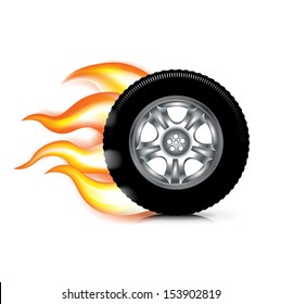 wheel/tire and fire flames isolated on white background