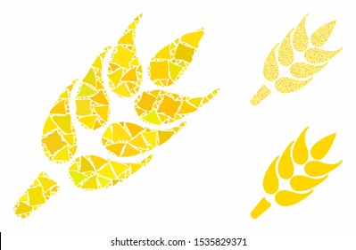 Wheet mosaic of joggly parts in variable sizes and color tinges, based on wheet icon. Vector joggly parts are united into mosaic. Wheet icons collage with dotted pattern.