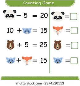When counting examples, count the number of forest animals and write down the result. Educational children's game, printable worksheet, vector illustration .