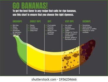 When to eat a banana. Usage chart for different recipes. Banana products of varying ripeness. Characteristics of unripe, ripe and overripe bananas. Fruit infographics on black background