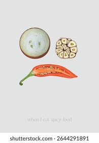 Quando como picante. Conjunto de alimentos na forma de um rosto. Alho, pimenta e cebola