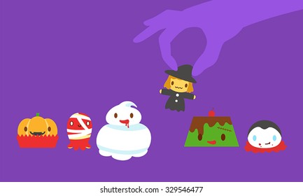 when Halloween monsters to be desserts and handpick witch cookie, background purple color