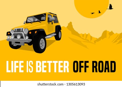 When life gets complicated I ride. Horizontall poster in modern style with off road quote. Vector illustration useful for print, T-shirt design. Editable graphic element in yellow, black, white colors