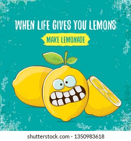 When life gives you lemons, make lemonade concept illustration. vector funky lemon character on azure background with funny motivational quote for print on tee. 