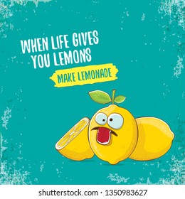 When life gives you lemons, make lemonade concept illustration. vector funky lemon character on azure background with funny motivational quote for print on tee. 