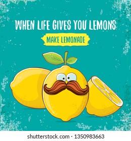 When life gives you lemons, make lemonade concept illustration. vector funky lemon character on azure background with funny motivational quote for print on tee. 