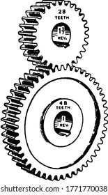 When meshing pair of gears, the smaller gear is called a pinion gear. Shown here is a typical representation of an involute gear and pinion, ratio 1 5/7 to 1., vintage line drawing illustration 