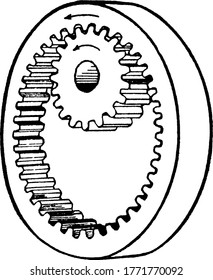 When meshing pair of gears, the smaller gear is called a pinion gear. Shown here is a typical representation of an internal gear and pinion, ratio 41 to 19, vintage line drawing or illustration 