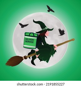 When the moon has risen over a green Halloween night, the witch's delivery service with crows on a magic broom appears.