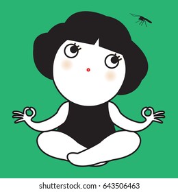 When Mosquito Interrupt Girl Yoga Meditation Time Concept Card Character illustration