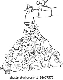 When opening the water tap there will be monsters flowing out. A fun doodle pattern background and coloring book.