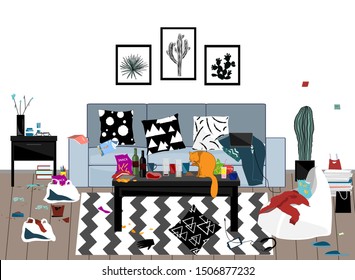 When the party is over. Messy room vector illustration with garbage, messy things and clothihg, and food.