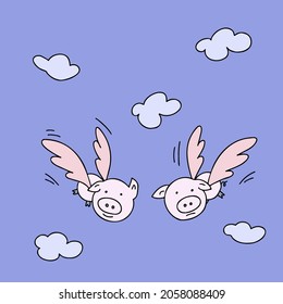 When pigs fly. When pigs have wings. Metaphoric idiom. svg
