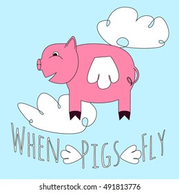 When pigs fly idiom representation. Vector illustration of hog with wings in the sky